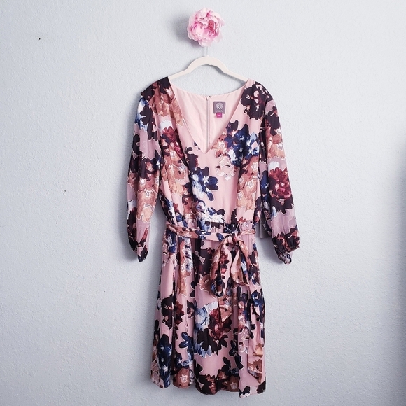 Vince Camuto Pink Floral Applique Long Sheer Sleeve Mini Wrap Dress - Picture 2 of 11